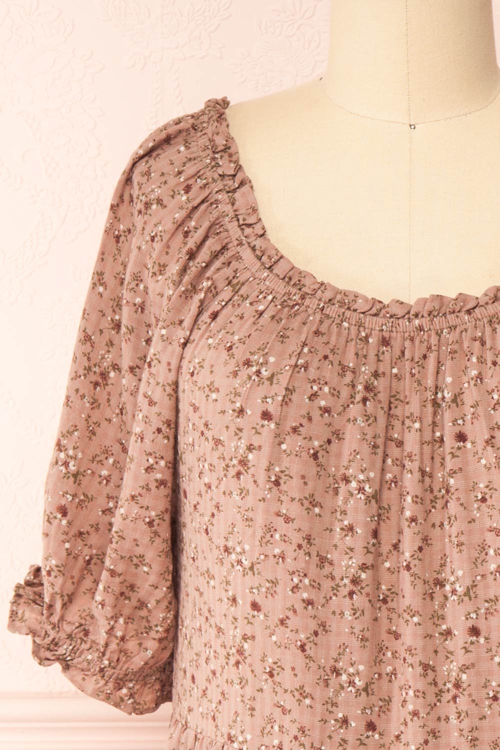 Julyette Round Neck Floral Midi Dress w/ Frills | Boutique 1861 front close-up