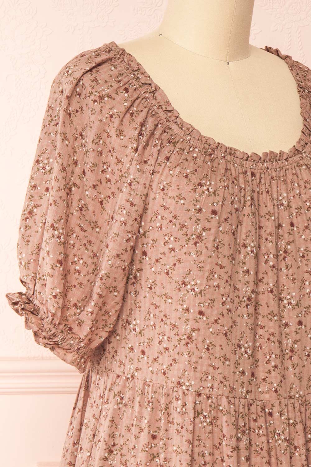 Julyette Round Neck Floral Midi Dress w/ Frills | Boutique 1861 side close-up