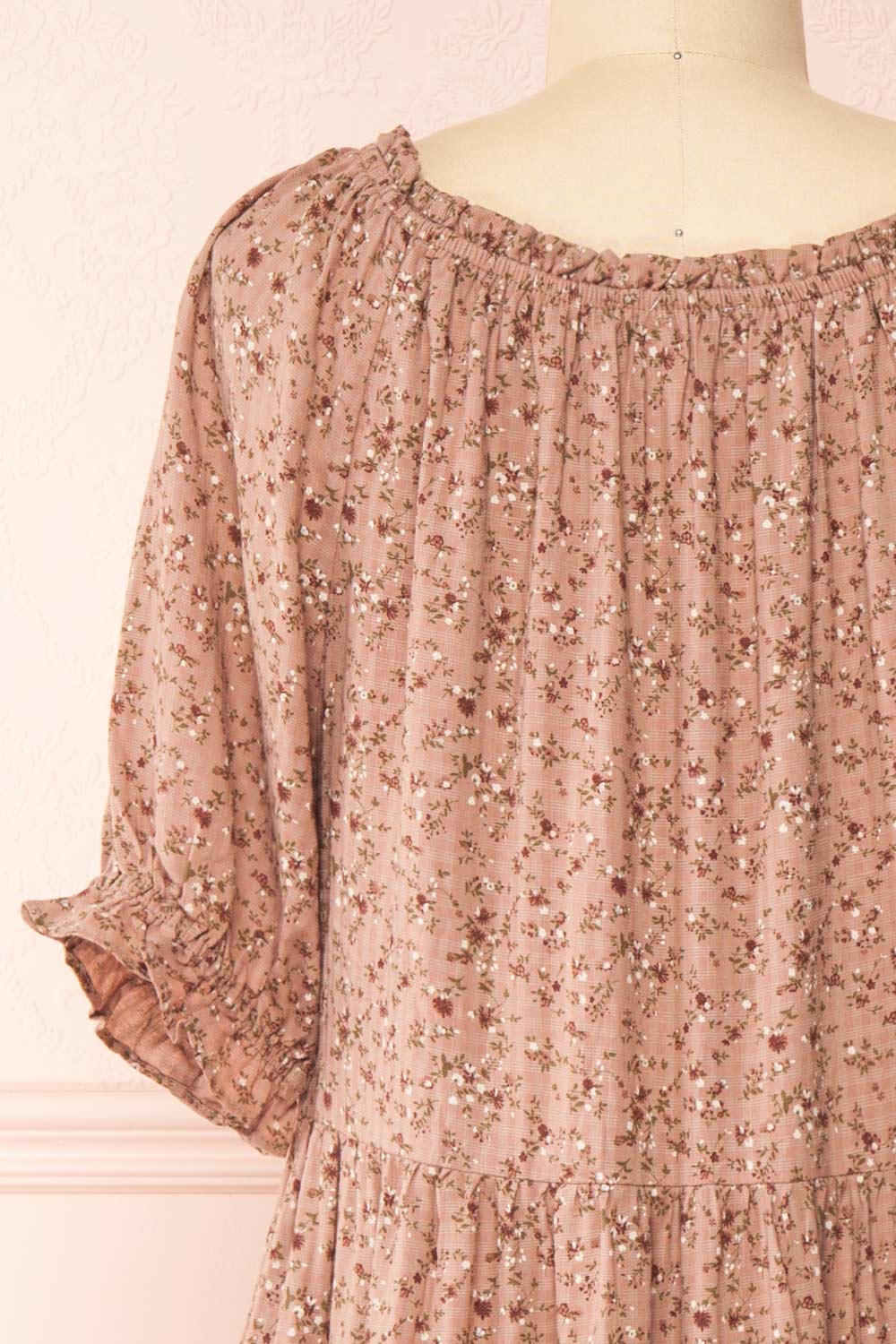 Julyette Round Neck Floral Midi Dress w/ Frills | Boutique 1861 back close-up