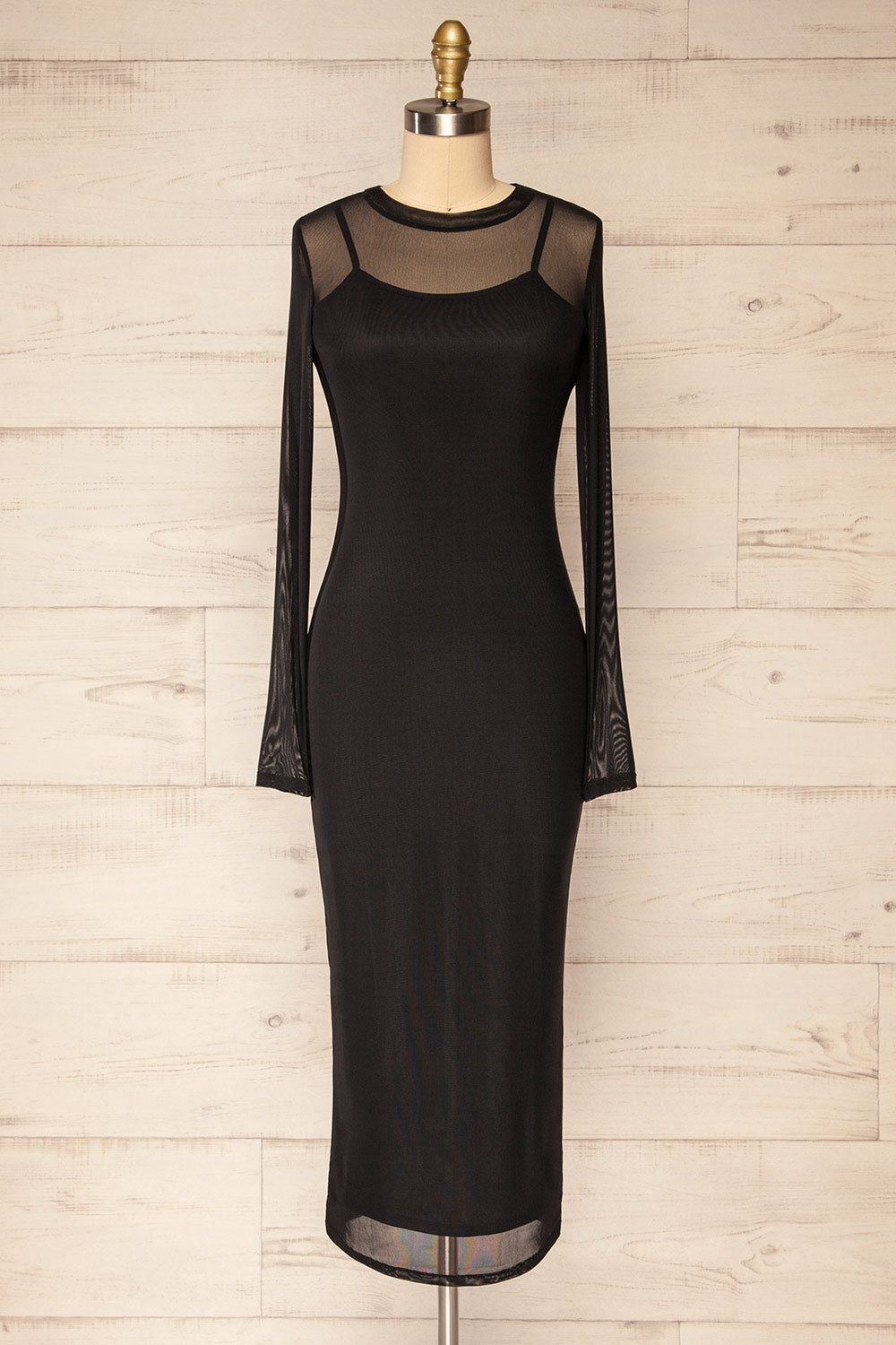 Junnifer Black Mesh Midi Dress w/ Long Sleeves | La petite garçonne front view