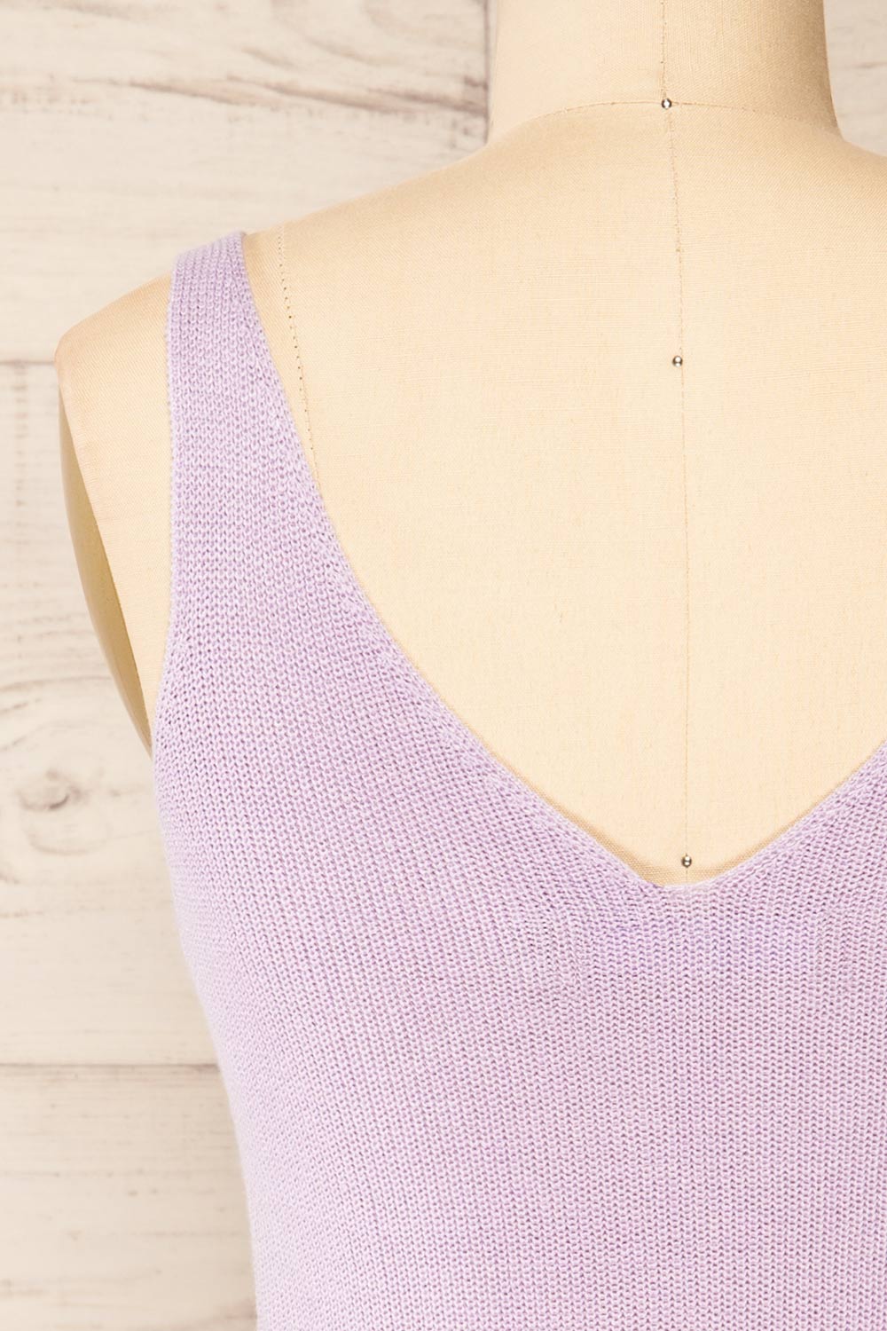 Juva Lilac V-Neck Knit Tank Top | La petite garçonne back close-up