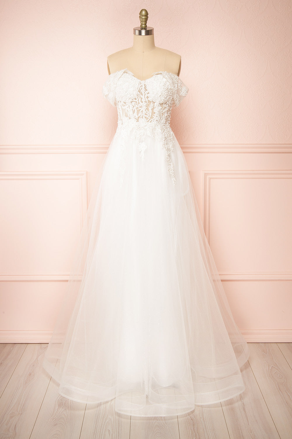 Kahena Off-The-Shoulder Bridal Gown w/ Floral Embroidery | Boudoir 1861 front view