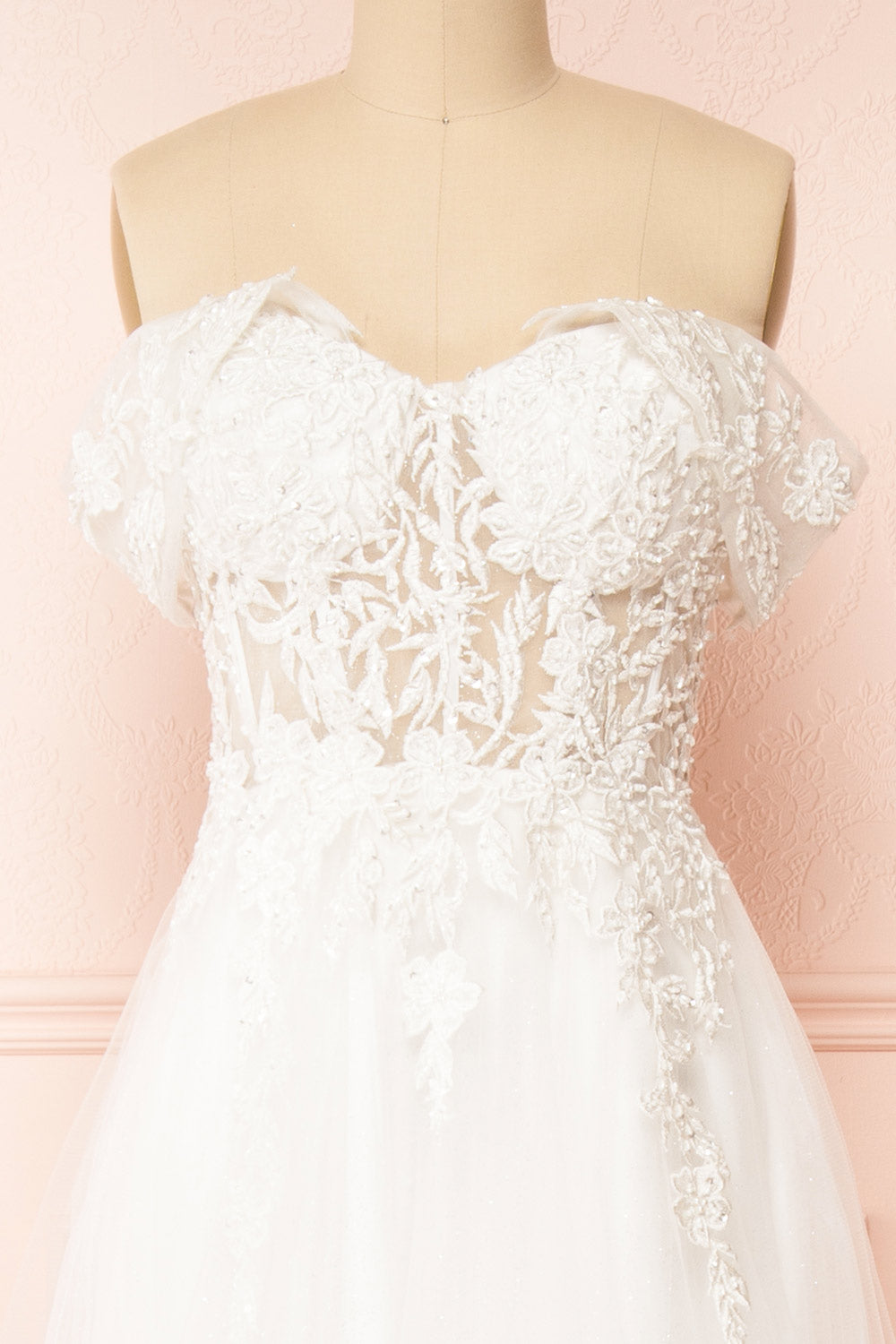 Kahena Off-The-Shoulder Bridal Gown w/ Floral Embroidery | Boudoir 1861 front close-up