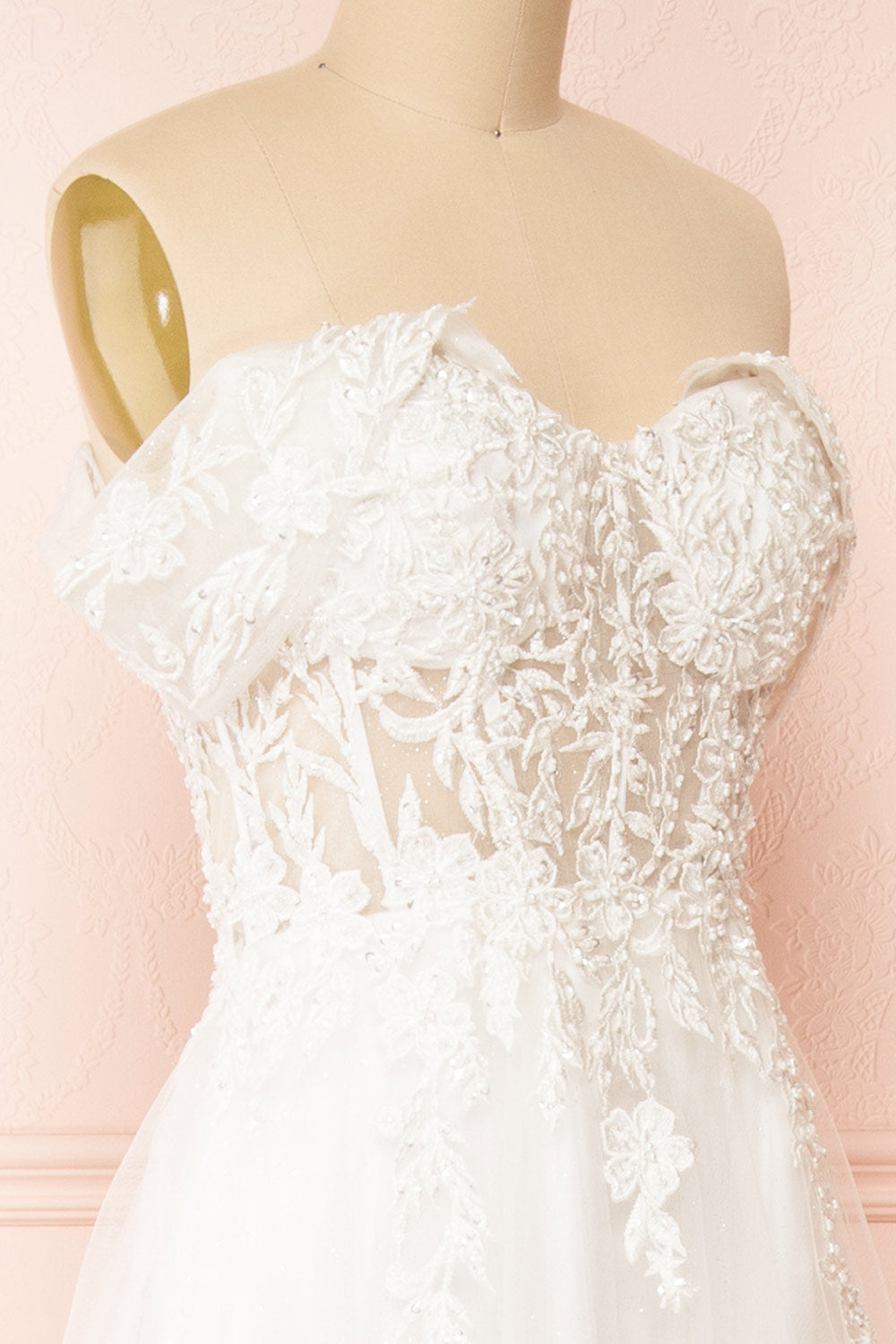 Kahena Off-The-Shoulder Bridal Gown w/ Floral Embroidery | Boudoir 1861 side close-up