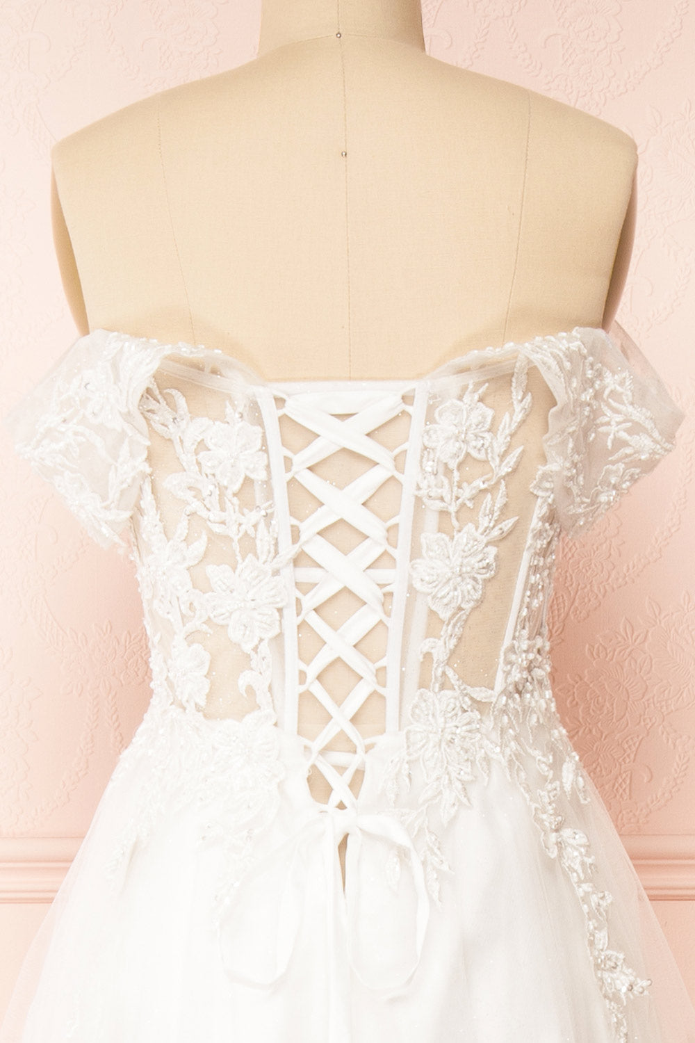 Kahena Off-The-Shoulder Bridal Gown w/ Floral Embroidery | Boudoir 1861 back close-up
