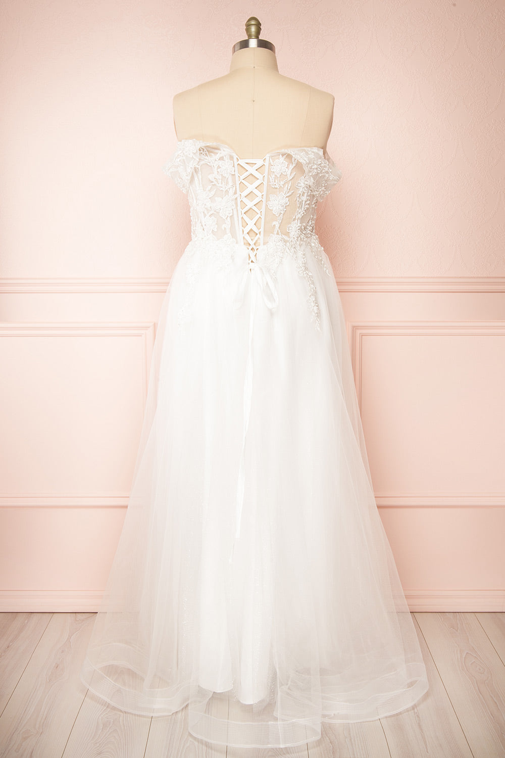 Kahena Off-The-Shoulder Bridal Gown w/ Floral Embroidery | Boudoir 1861 back plus size