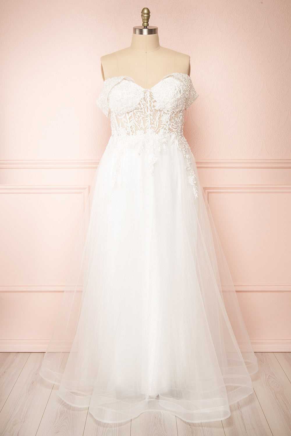 Kahena Off-The-Shoulder Bridal Gown w/ Floral Embroidery | Boudoir 1861 front plus size