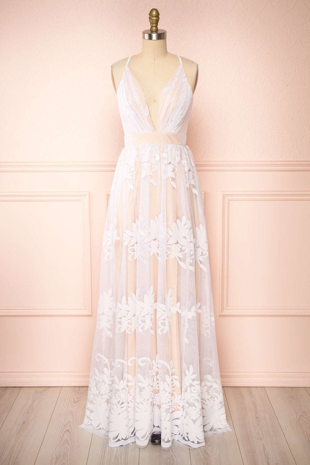 Kailania Day White Plunging Neckline Mesh Maxi Gown | Boudoir 1861 front view