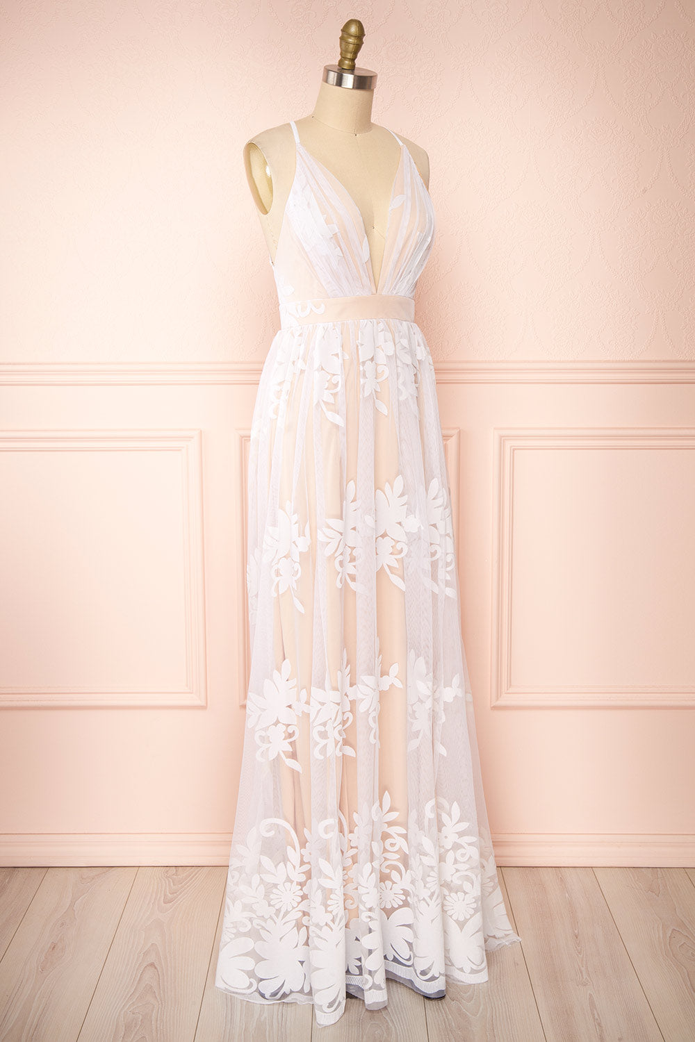 Kailania Day White Plunging Neckline Mesh Maxi Gown | Boudoir 1861 side view