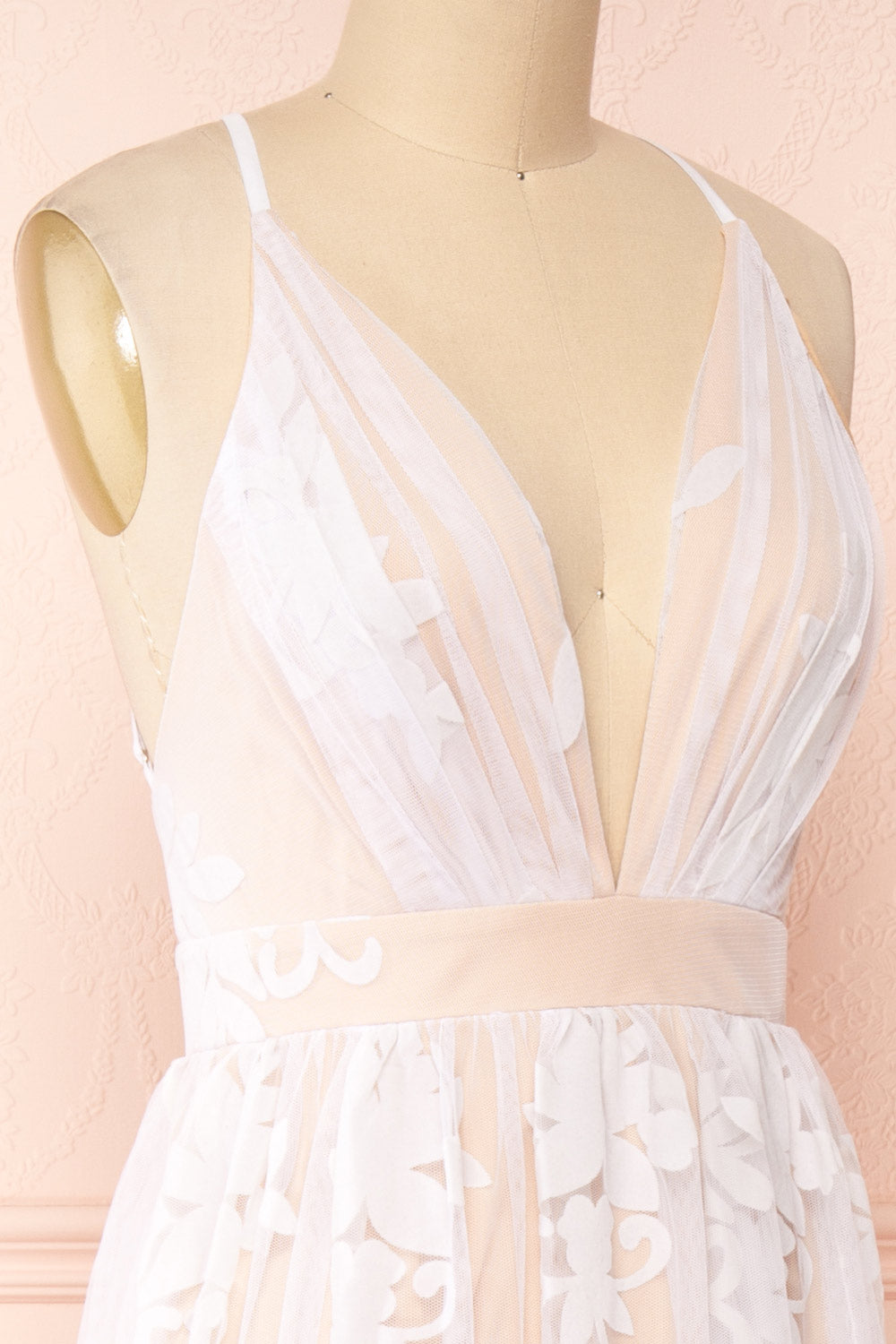 Kailania Day White Plunging Neckline Mesh Maxi Gown | Boudoir 1861 side close-up