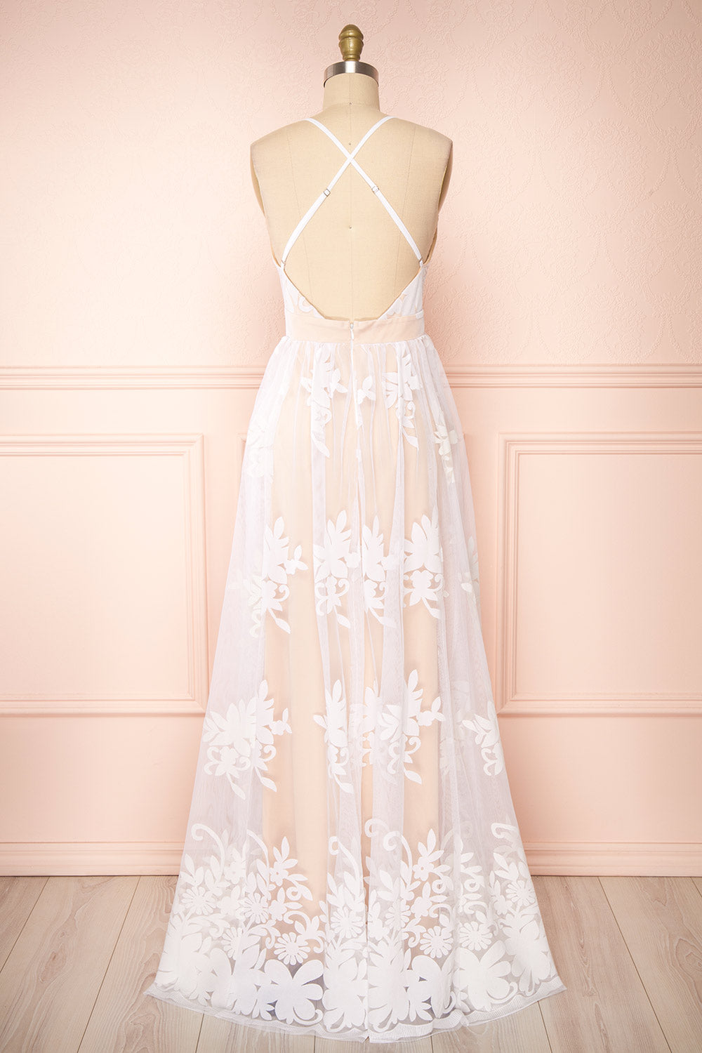 Kailania Day White Plunging Neckline Mesh Maxi Gown | Boudoir 1861 back view