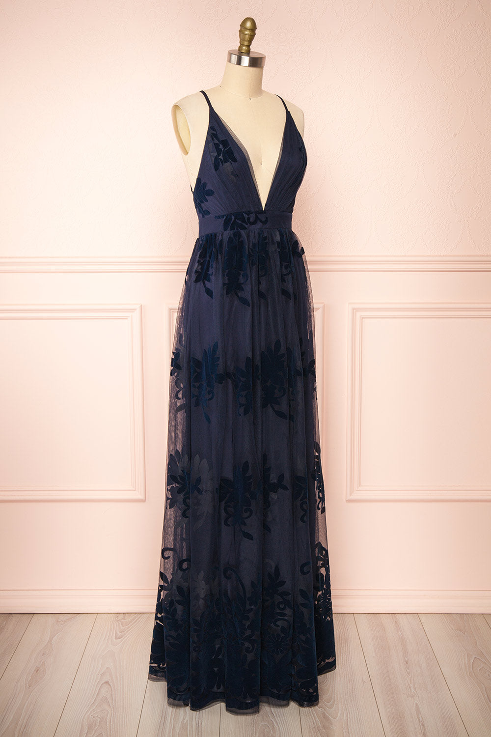 Kailania Navy Plunging Neckline Mesh Maxi Gown | Boudoir 1861 side view