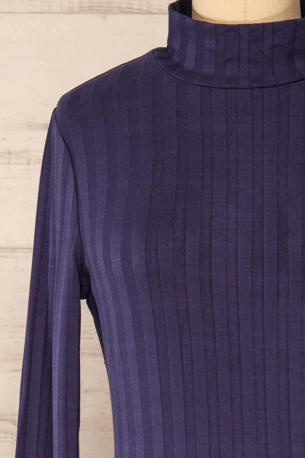 Kalani Navy Fitted Mock Neck Dress | La petite garçonne front close-up