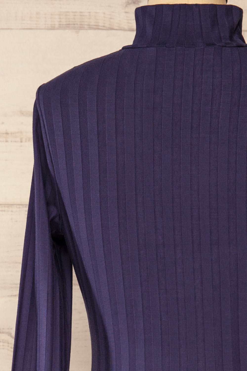 Kalani Navy Fitted Mock Neck Dress | La petite garçonne back close-up