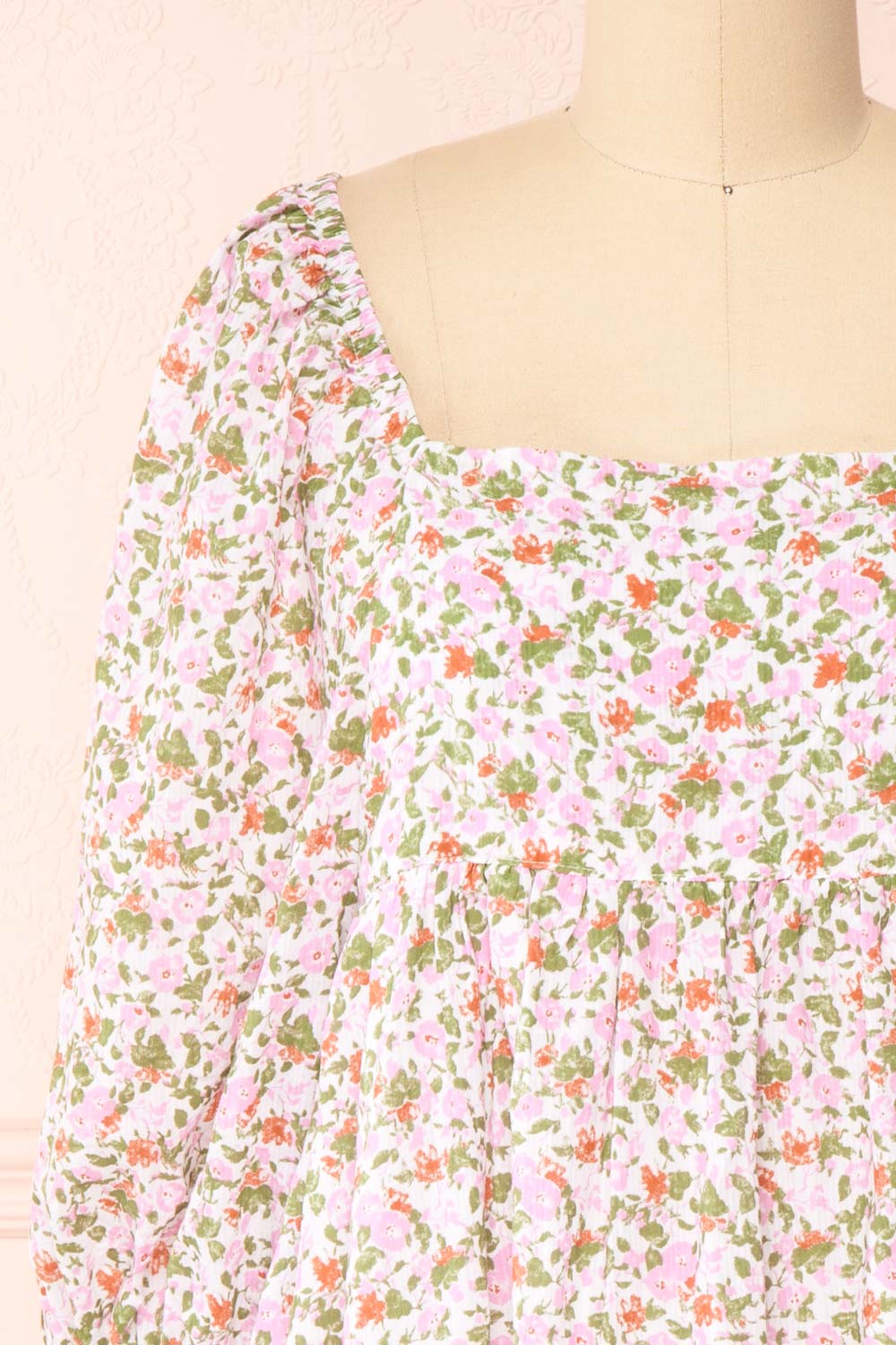 Kalla Pink Floral Short Dress w/ 3/4 Puffy Sleeves | Boutique 1861 front close-up