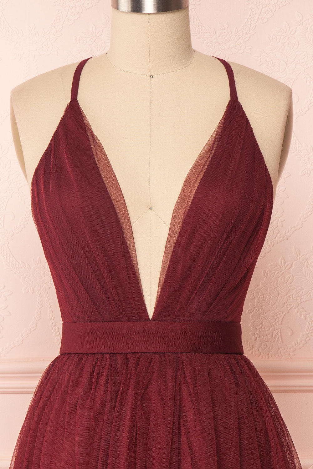 Kamagaya Wine Burgundy Short Mesh A-Line Dress | FRONT CLOSE UP | Boutique 1861