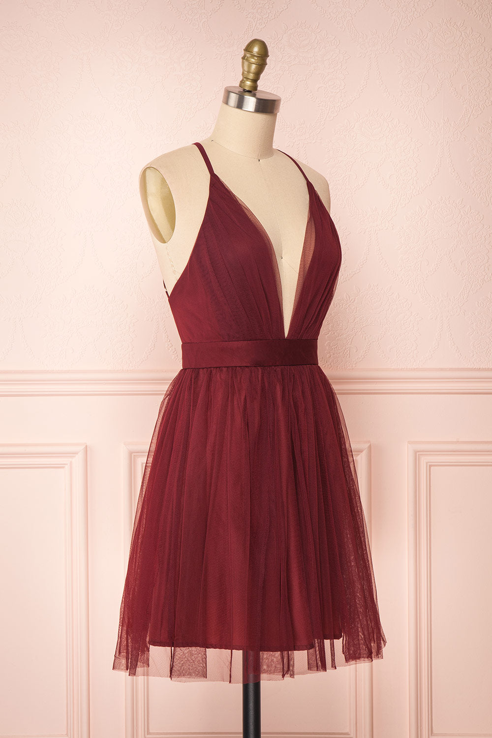 Kamagaya Wine Burgundy Short Mesh A-Line Dress | SIDE VIEW | Boutique 1861