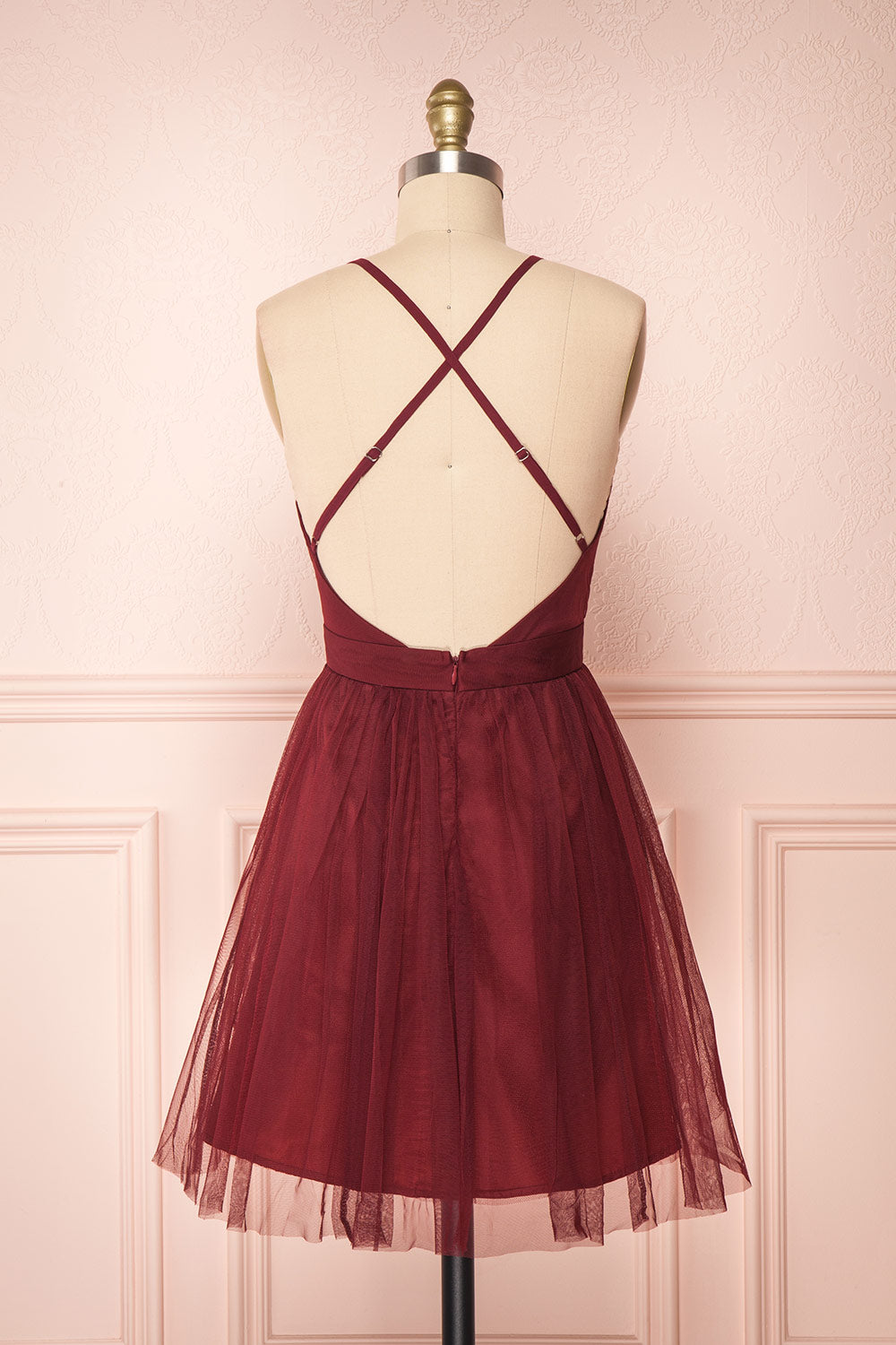 Kamagaya Wine Burgundy Short Mesh A-Line Dress | BACK VIEW | Boutique 1861