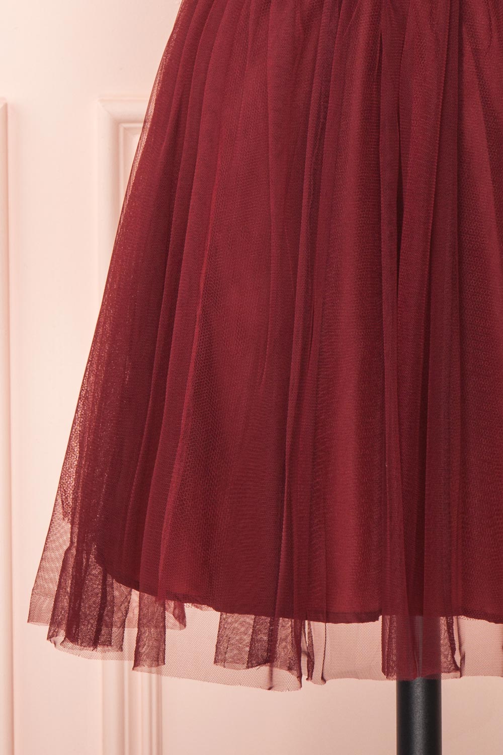 Kamagaya Wine Burgundy Short Mesh A-Line Dress | BOTTOM CLOSE UP | Boutique 1861