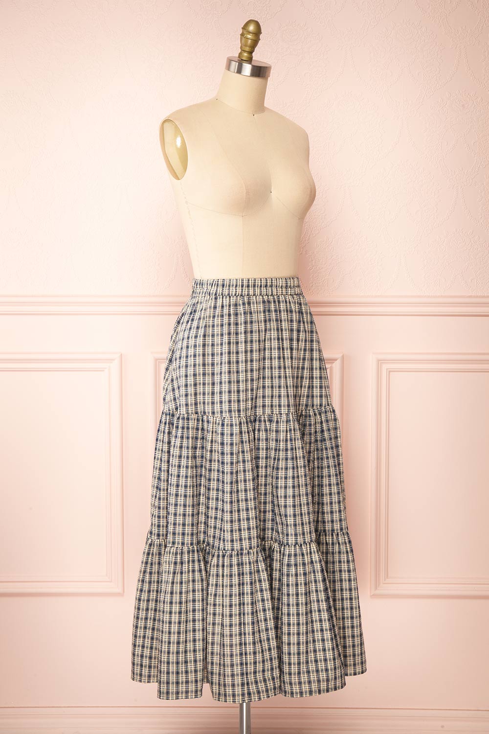Karole Tiered Plaid Midi Skirt w/ Elastic Waist | Boutique 1861 side view