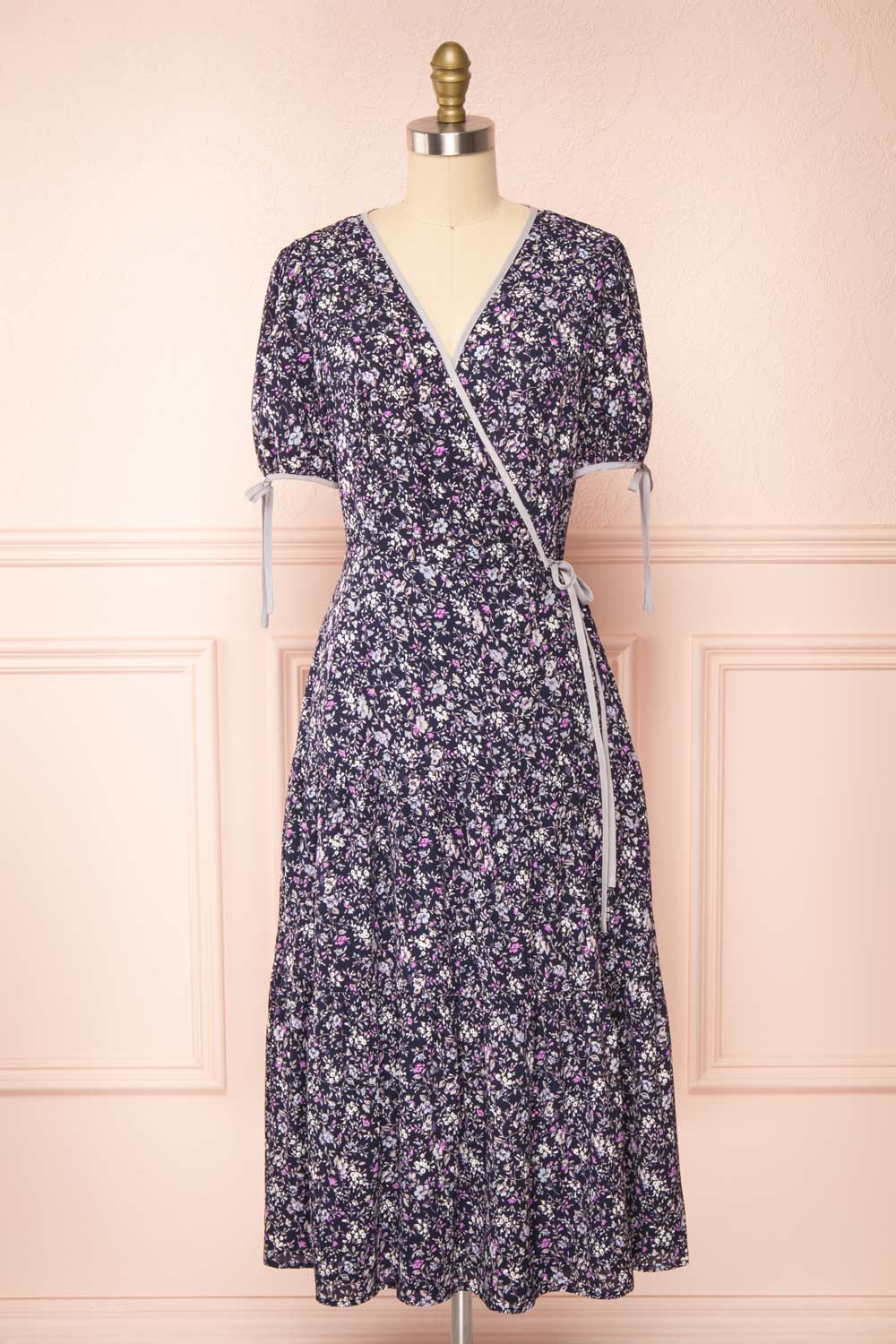 Kate Navy Floral Midi Wrap Dress | Boutique 1861 front view