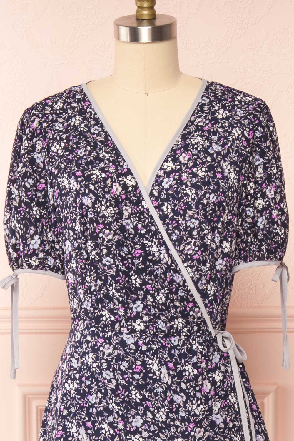 Kate Navy Floral Midi Wrap Dress | Boutique 1861 frotn close up