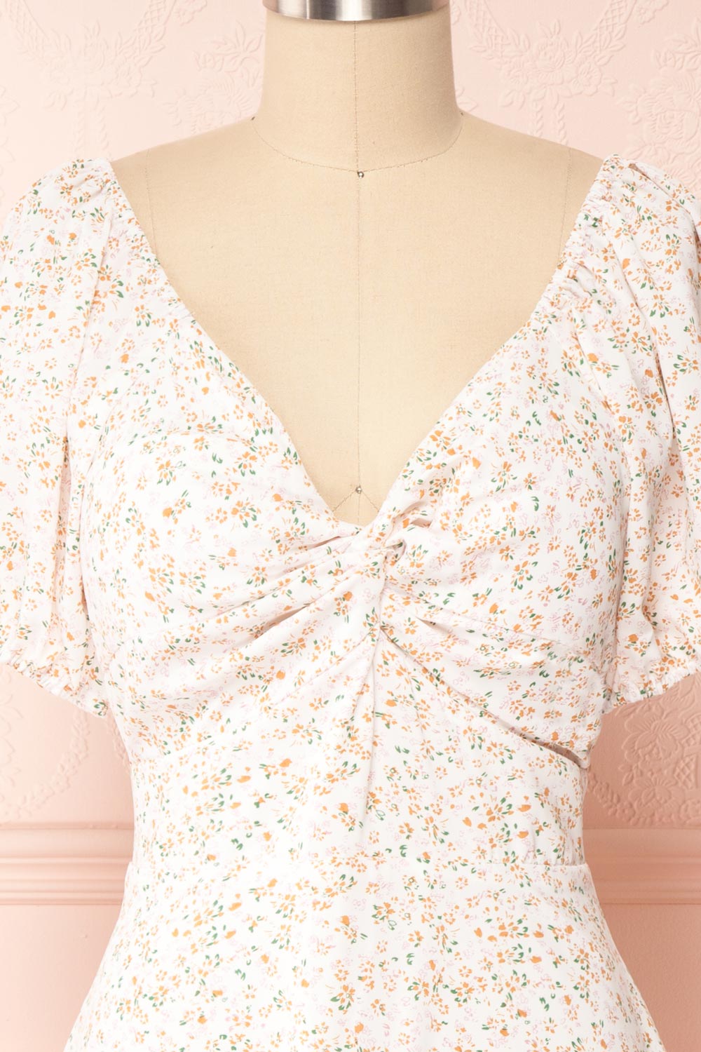 Katoma White Puffy Sleeve Short Floral Dress | Boutique 1861 front close up