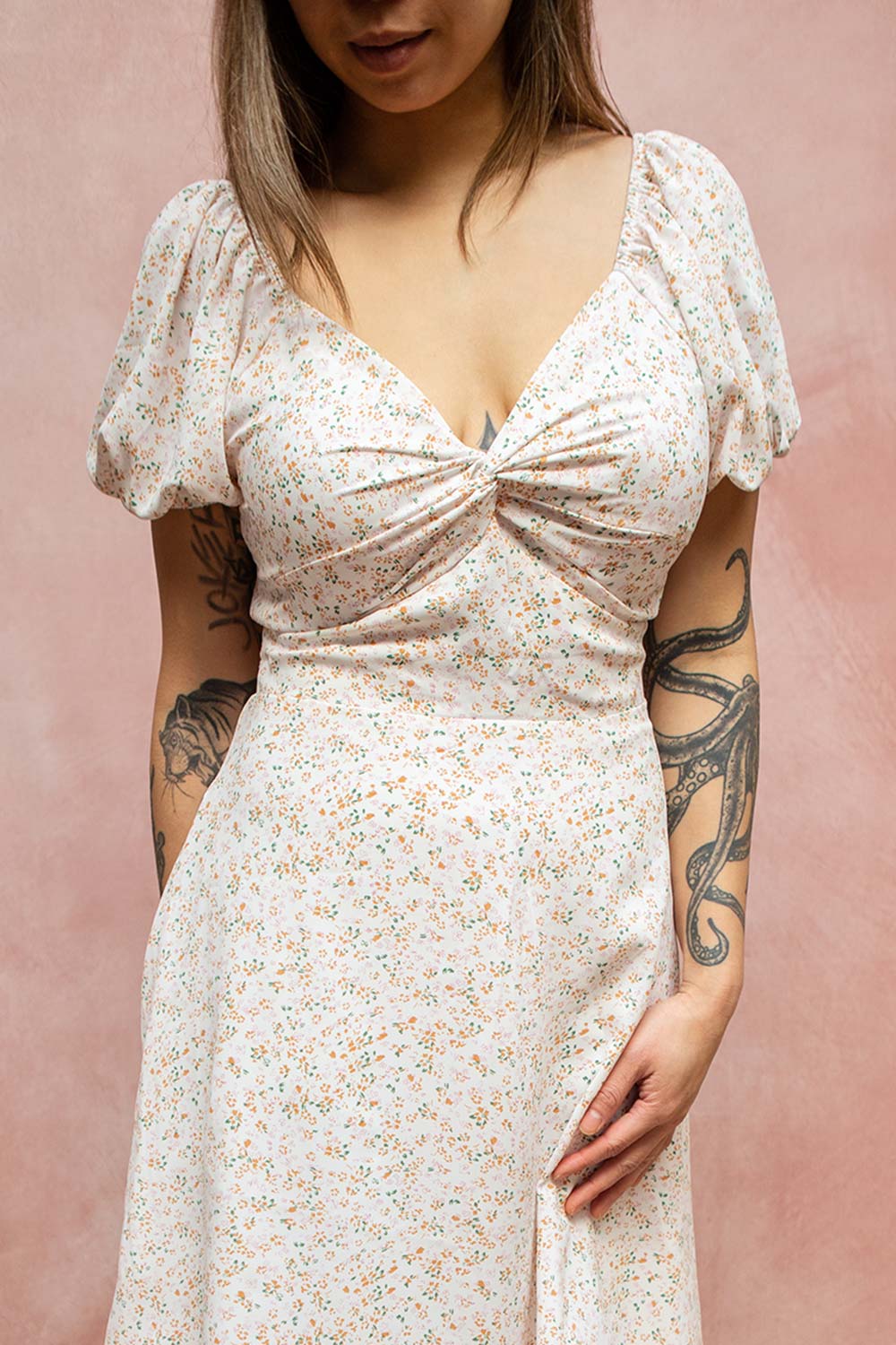 Katoma White Puffy Sleeve Short Floral Dress | Boutique 1861 on model