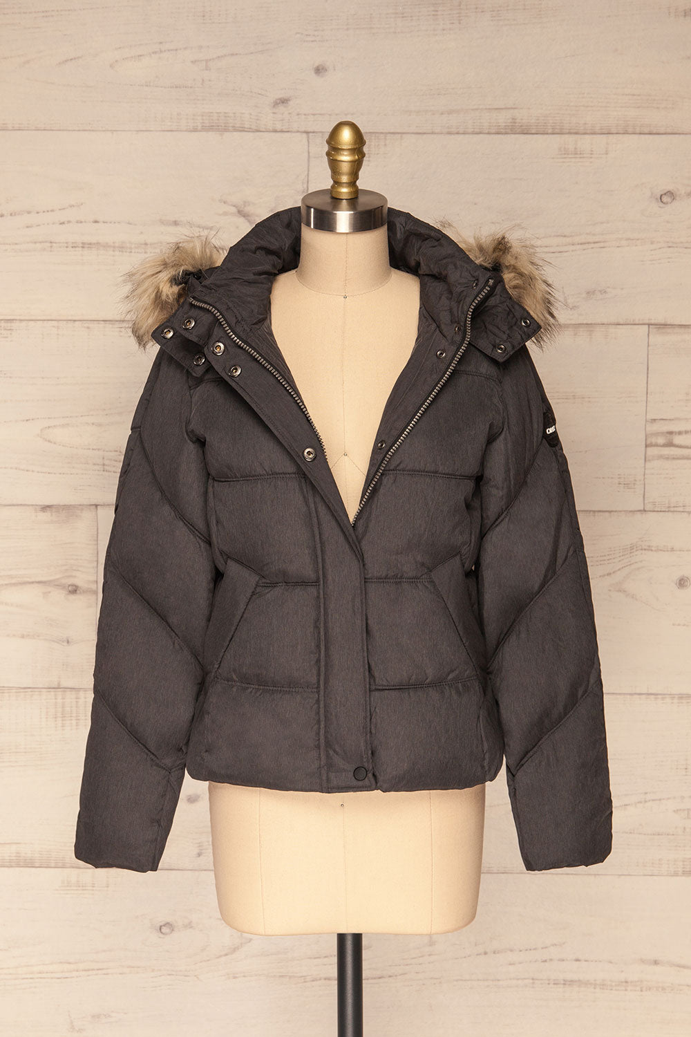 Katowice Dark Grey Quilted Coat w/ Faux Fur Hood | La Petite Garçonne close view open