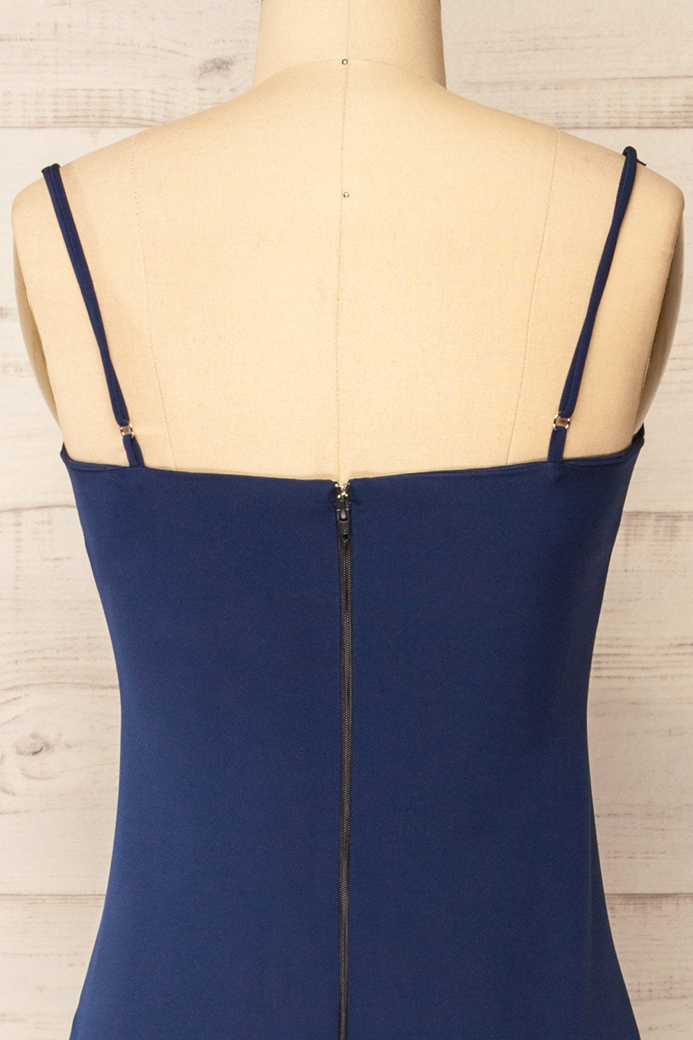Kavala Navy Fitted Midi Dress | La petite garçonne back close-up