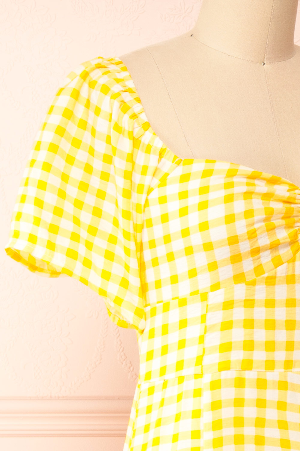 Keely | Yellow Gingham Midi Dress front view | boutique 1861 side close-up