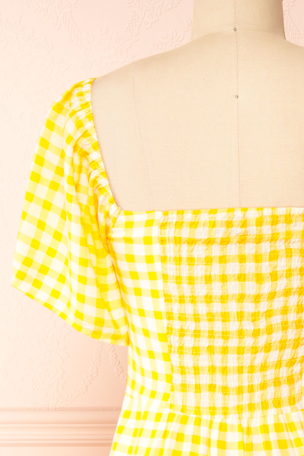 Keely | Yellow Gingham Midi Dress front view | boutique 1861 back close-up