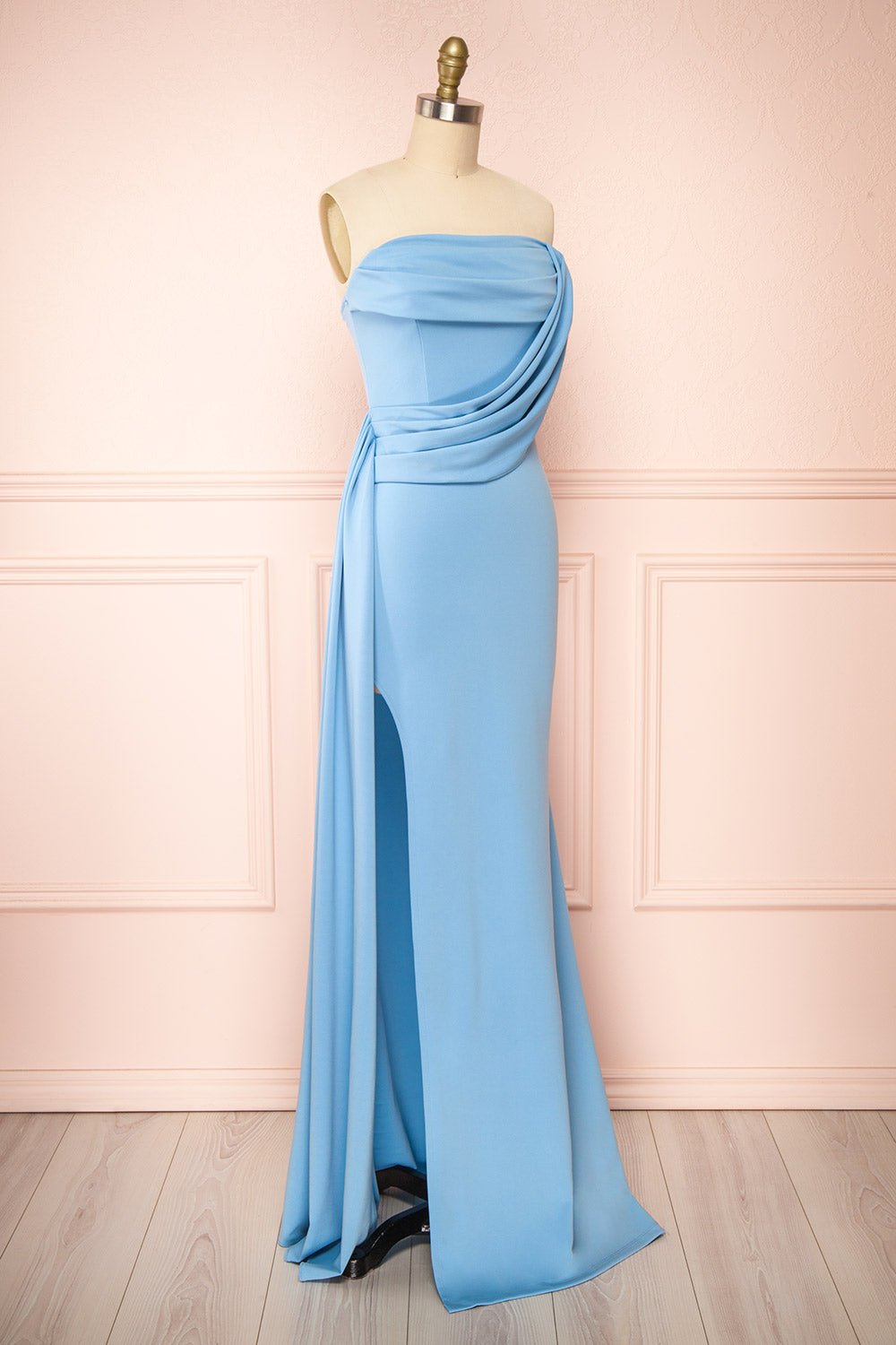 Kele Blue Cowl Neck Mermaid Dress w/ Slit | Boutique 1861 side view