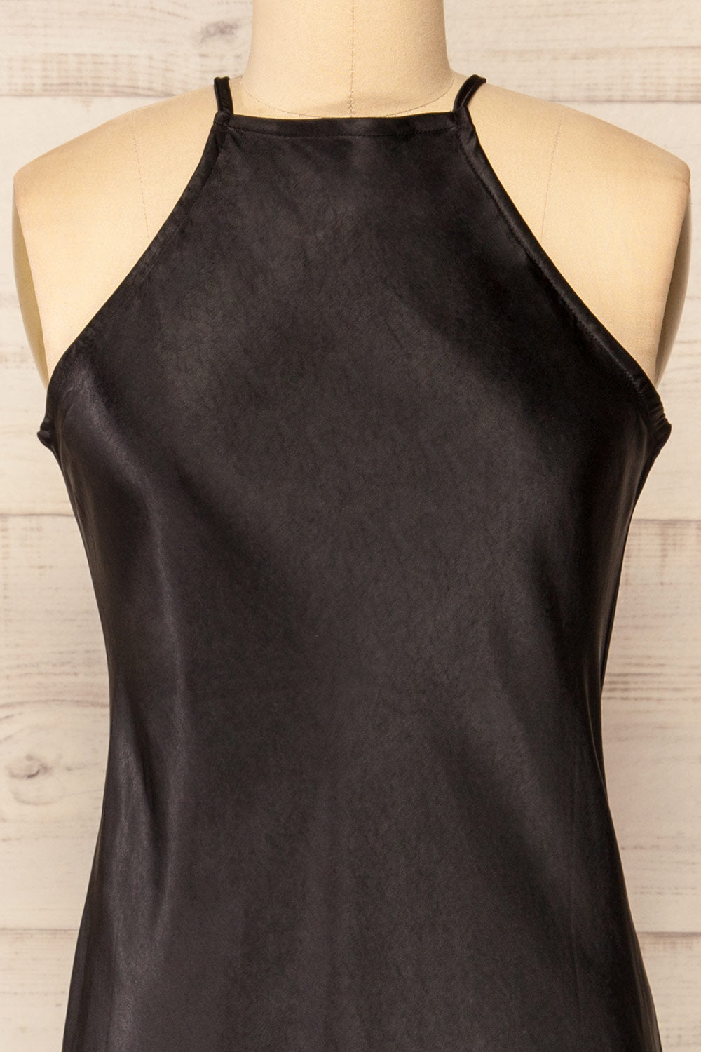 Kenaka Black Satin Midi Halter Dress | La petite garçonne front close-up