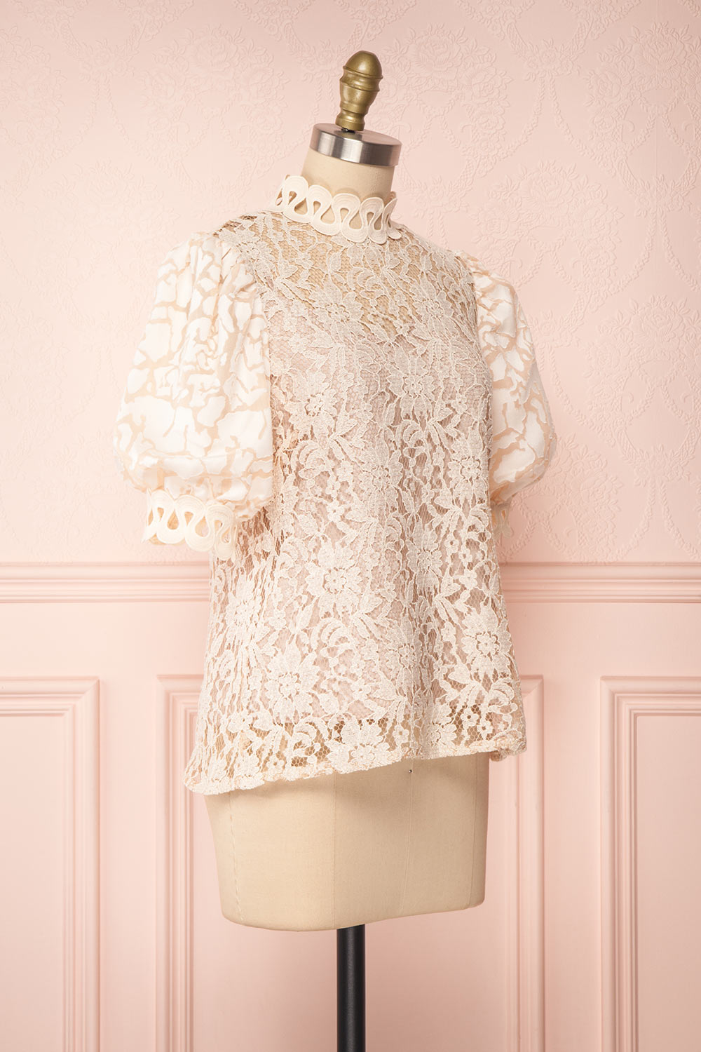 Kenielle Beige Lace Blouse with Stand Collar | Boutique 1861 side view