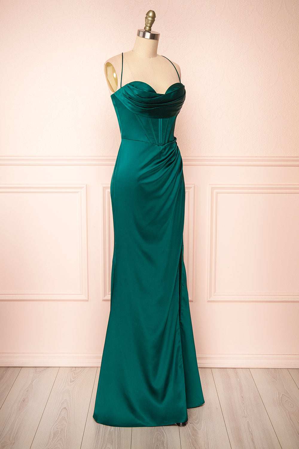 Kesha Green Corset Cowl Neck Maxi Dress | Boutique 1861 side view