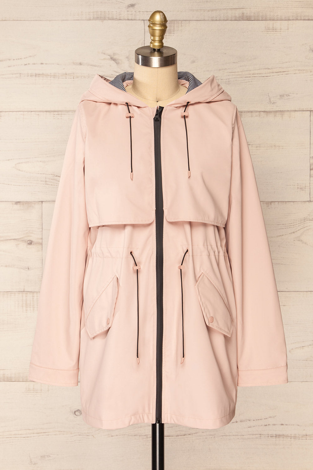Kharokopion Pink Hooded Raincoat w/ Drawstring | La petite garçonne front view