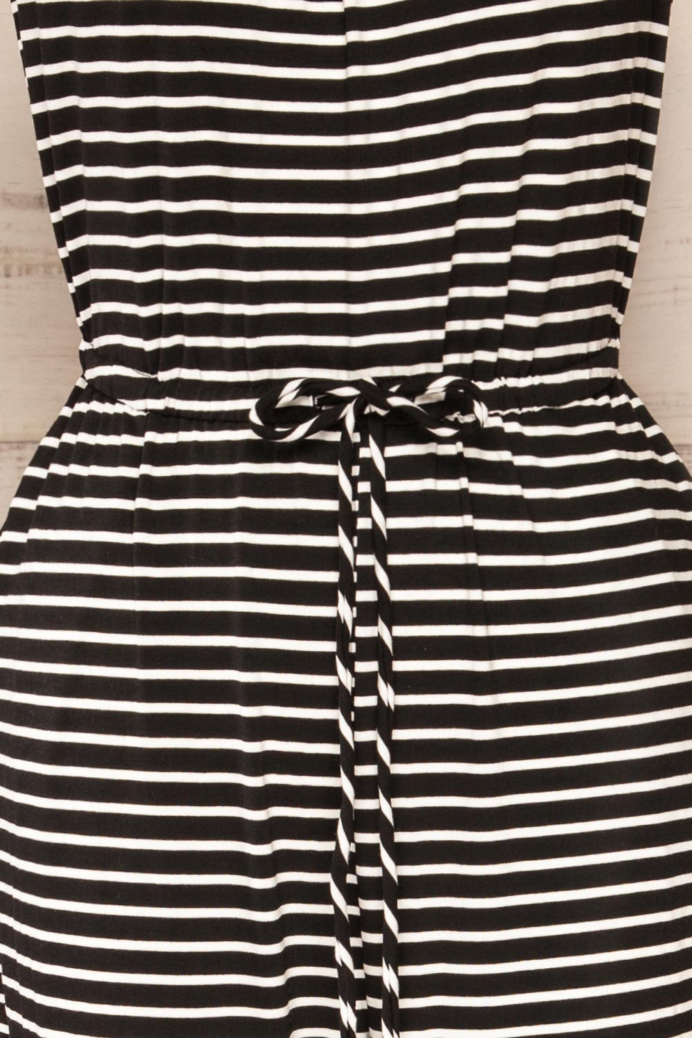 Khory Black Striped Short Sleeve Jumpsuit | La petite garçonne bow close-up