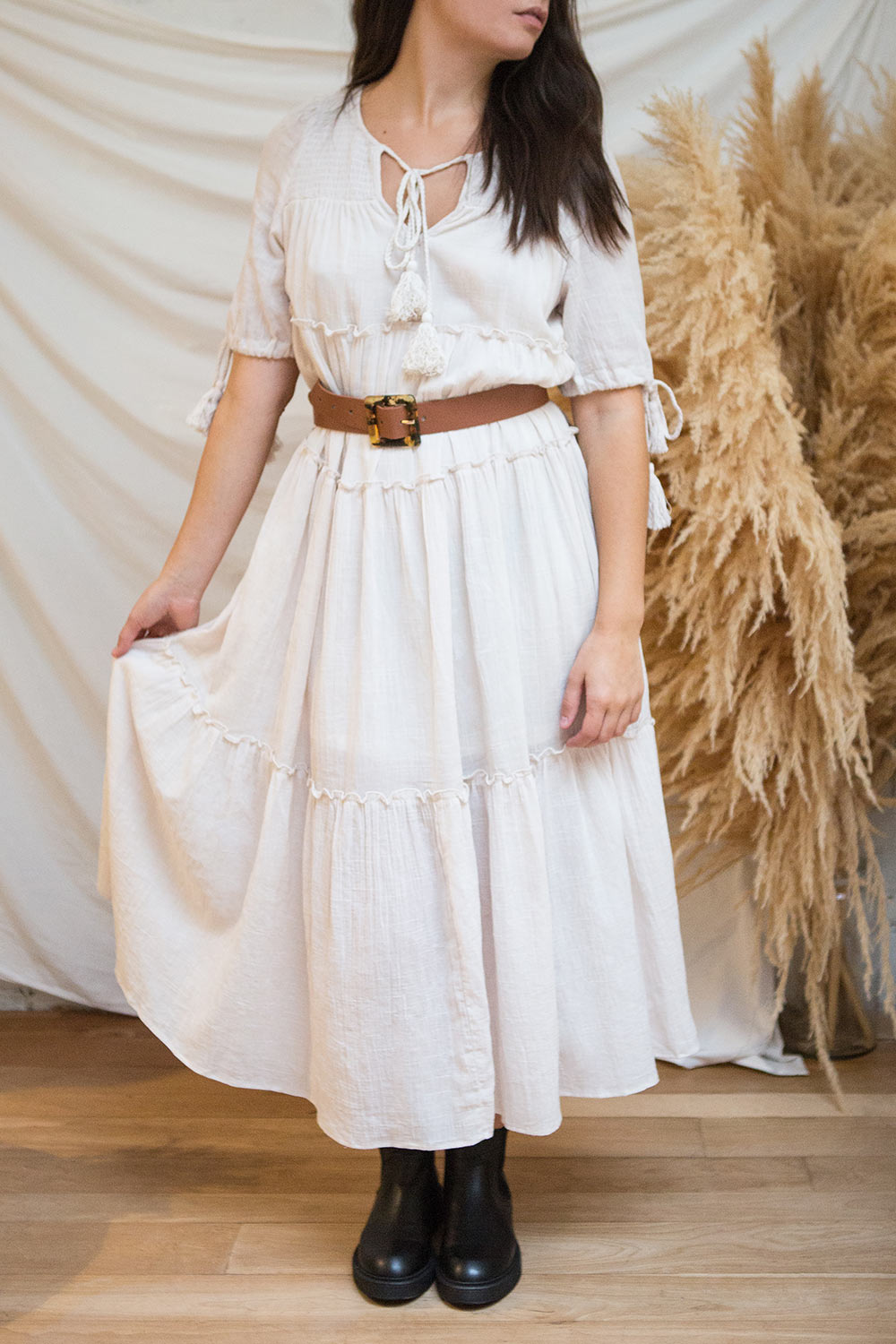 Kieu Beige Flowy Layered Maxi Dress | Boutique 1861