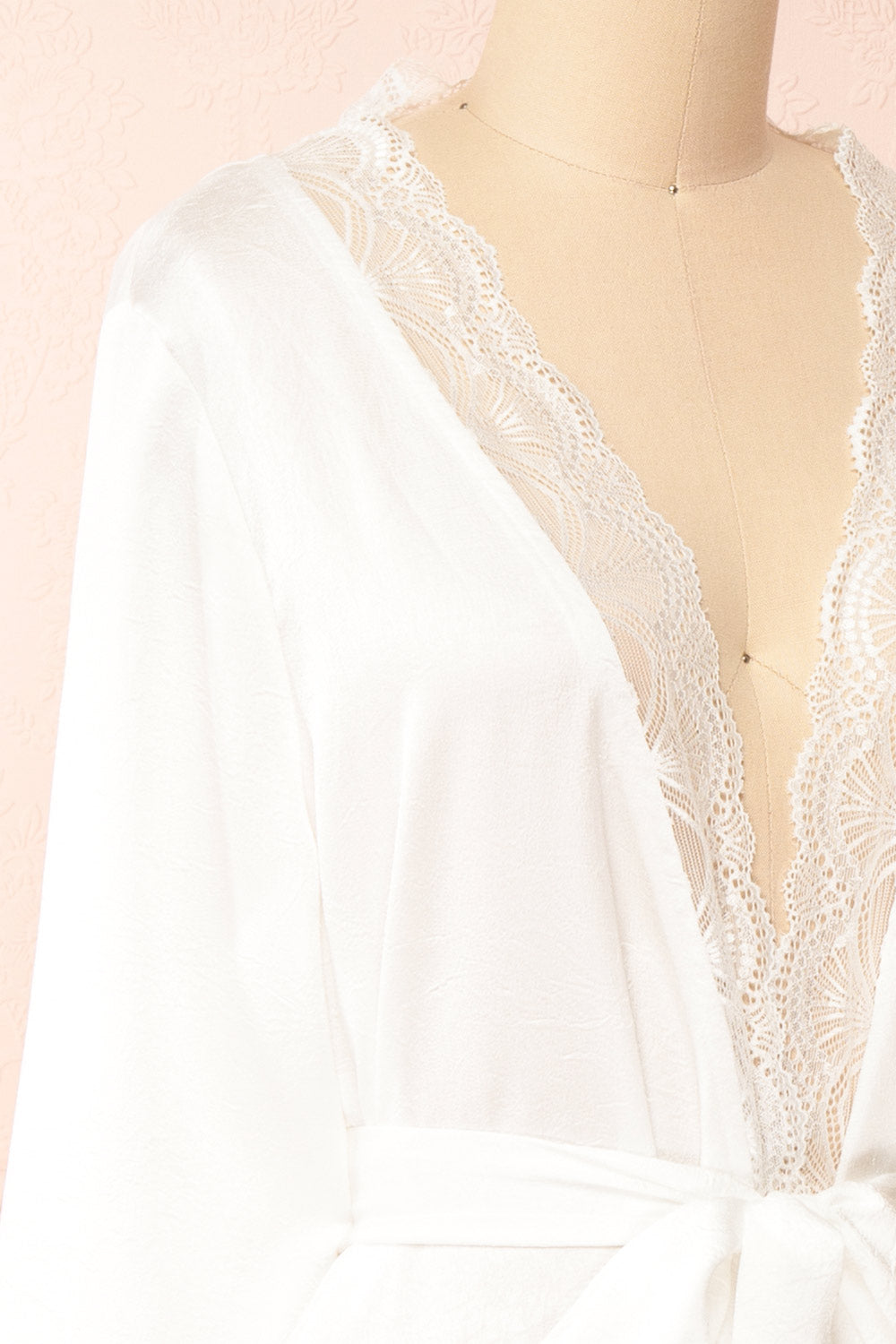 Kiliana Long Ivory Kimono w/ Lace Trim | Boutique 1861 side close-up