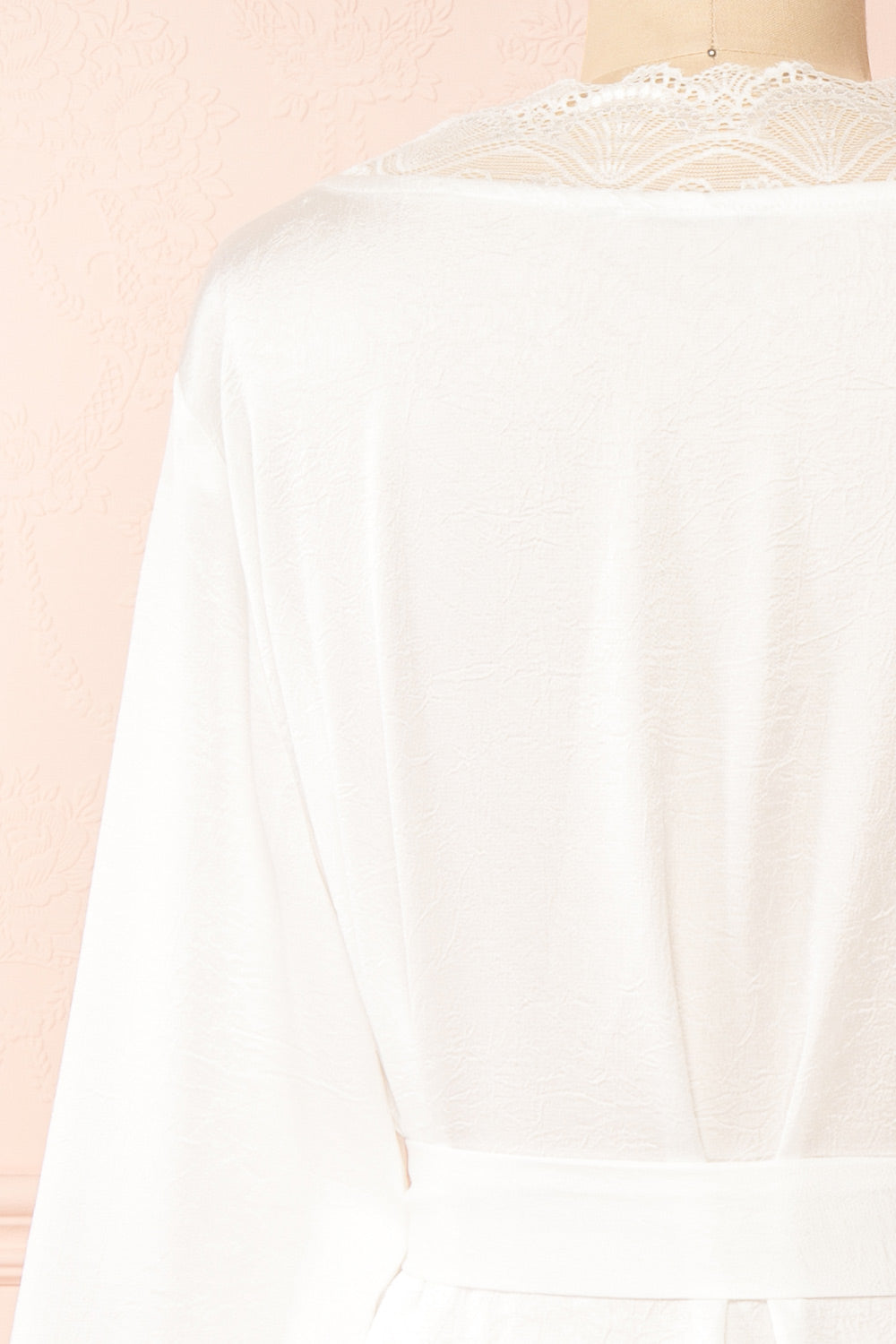 Kiliana Long Ivory Kimono w/ Lace Trim | Boutique 1861 back close-up