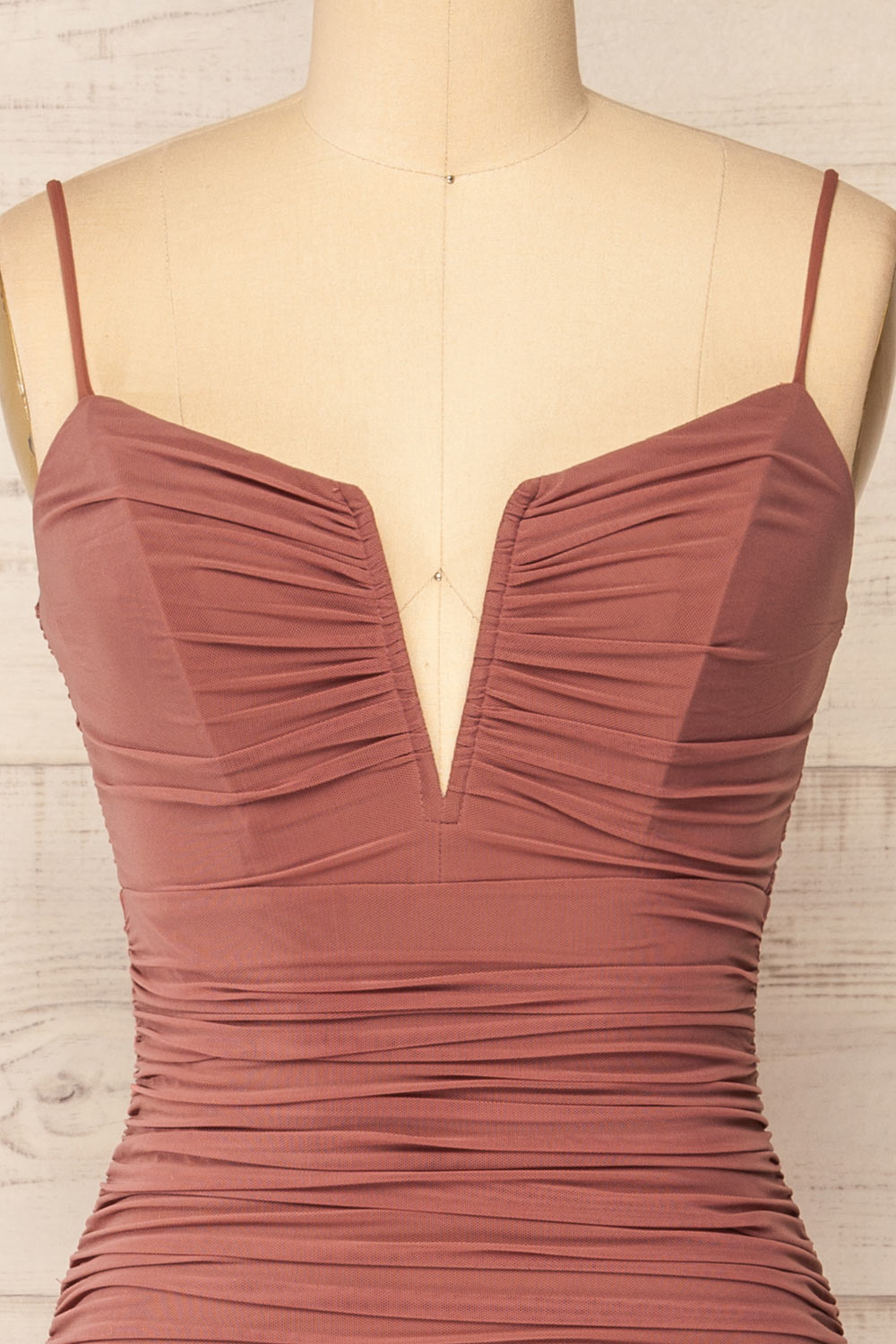 Kodaline Pink Ruched iitted Midi Dress | La petite garçonne front close-up