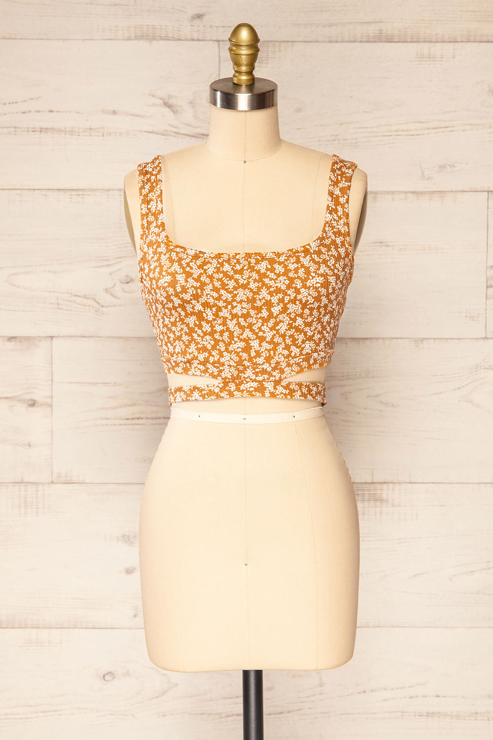 Koscier Camel Floral Ribbed Tank Top w/ Cut-Outs | La petite garçonne front view