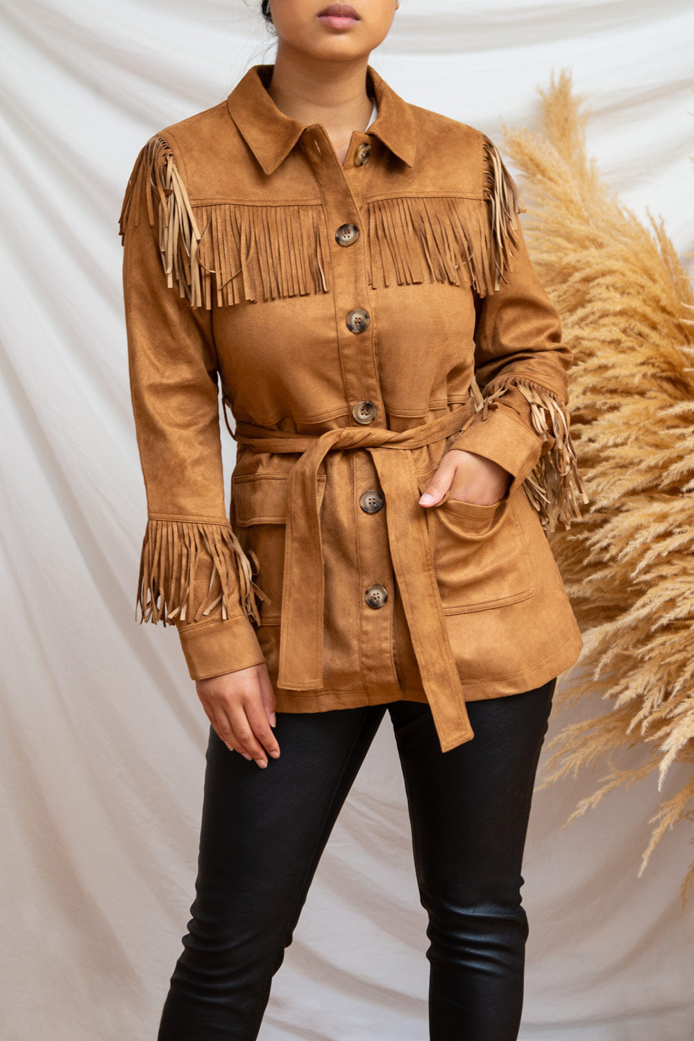 Kragero Belted Fringe Jacket | La petite garçonne model