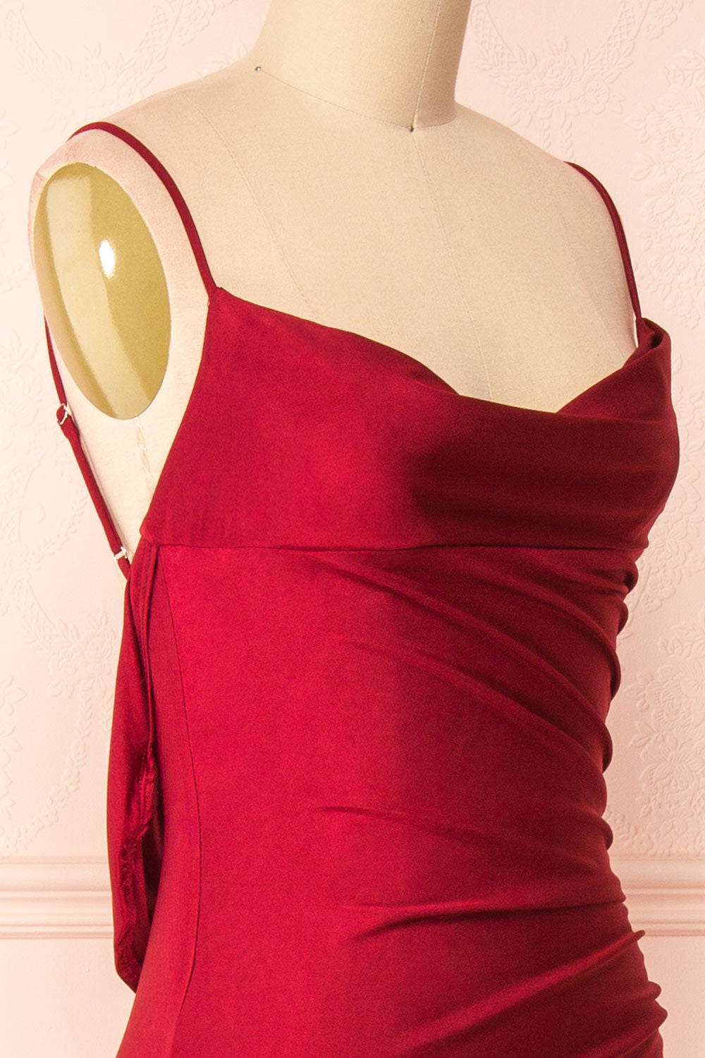 Kristen Burgundy Fitted Maxi Dress w/ Cowl Neck | Boutique 1861 side close-up