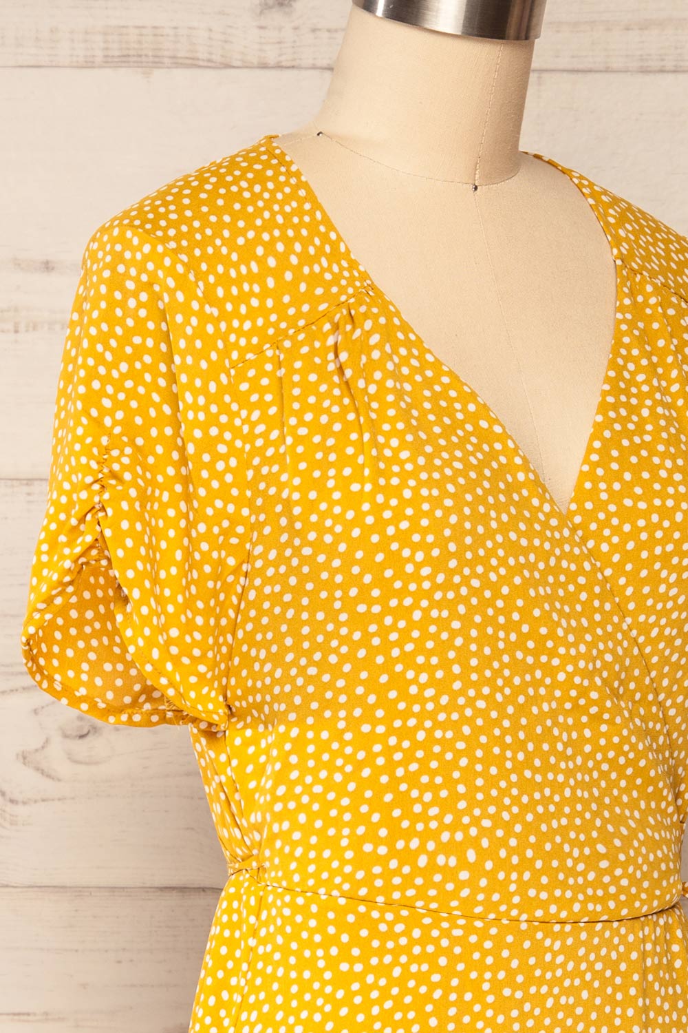 Krustil Mustard Polka Dot Short Wrap Dress | La petite garçonne side close up