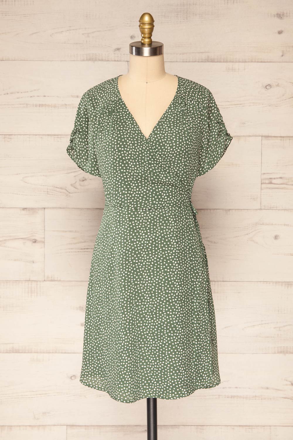 Krustil Sage Polka Dot Short Wrap Dress | La petite garçonne front view