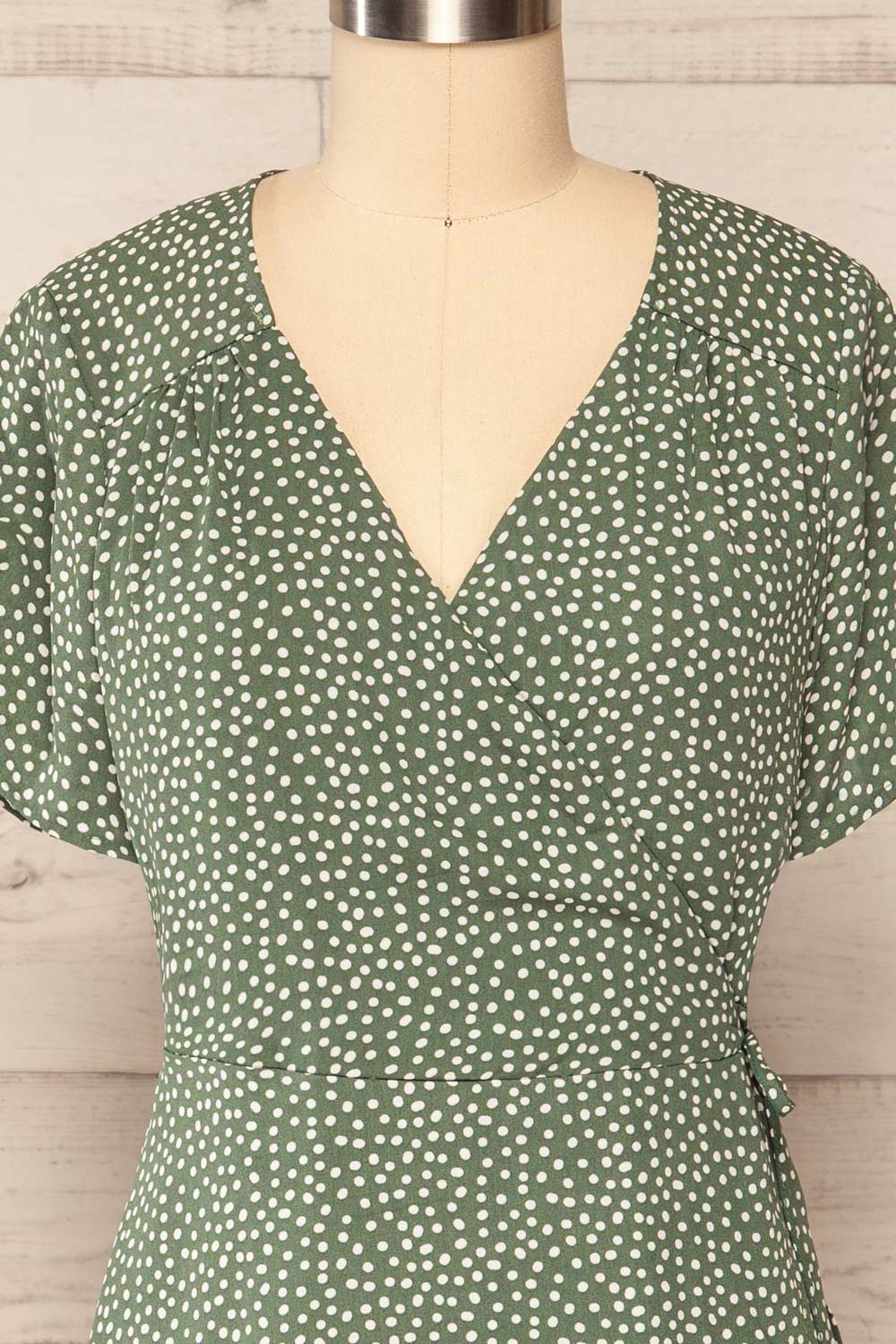 Krustil Sage Polka Dot Short Wrap Dress | La petite garçonne front close up