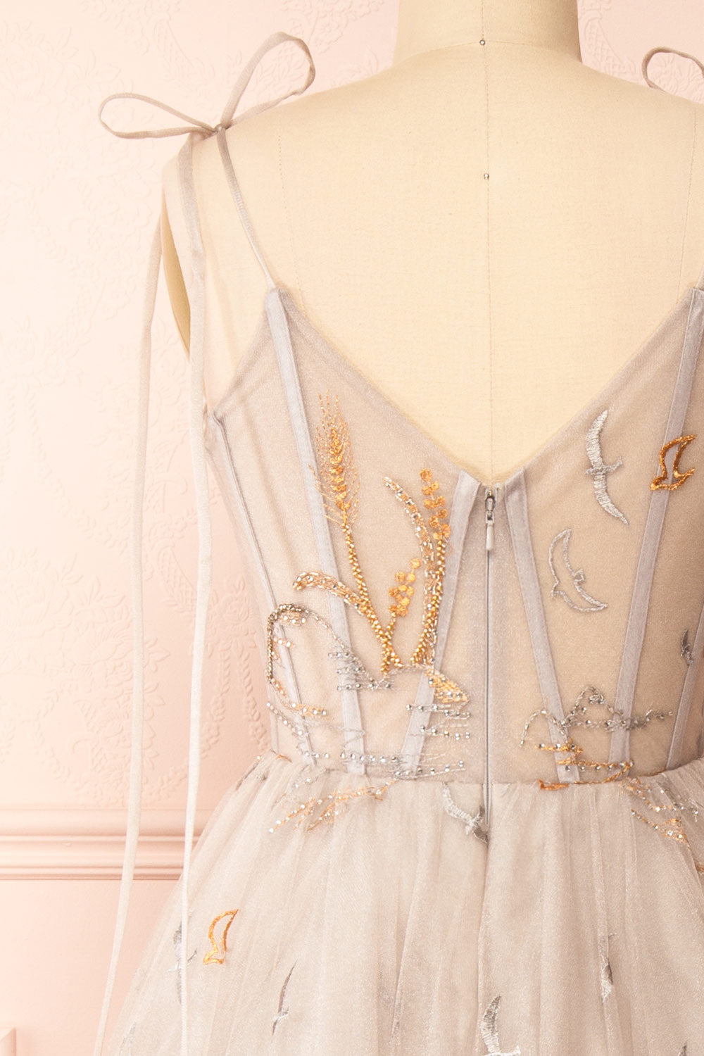 Ksenia A-Line Midi Dress w/ Bird Embroidery | Boutique 1861 front close-up