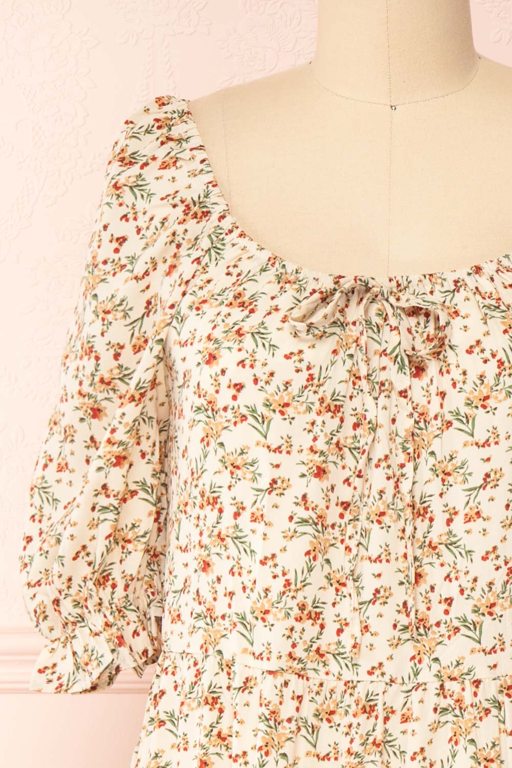 Laksha Short Sleeve Floral Midi Dress with Ruffles | Boutique 1861 front close-up